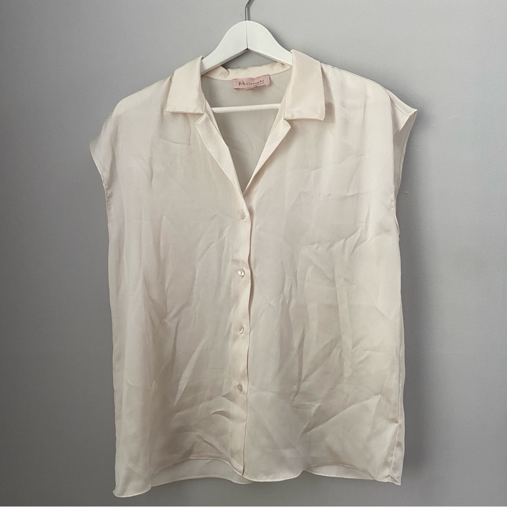 Philosophy cream cap sleeve shirt sleeve button down dressy blouse M